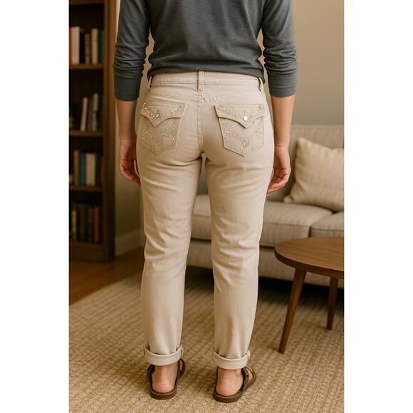 Nine West Sz 14 Marilyn Medallion Jeans Bling Pockets Beige Straight Leg Retro - Picture 2 of 10